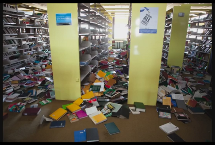 Picture of a library after an earthquake